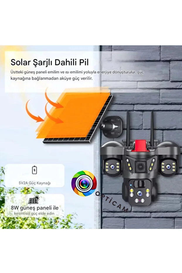 WİFİ Güneş Enerjili 3+3+3 MP Solar Güvenlik Kamerası,360 Derece Açı ,Güçlü Batarya
